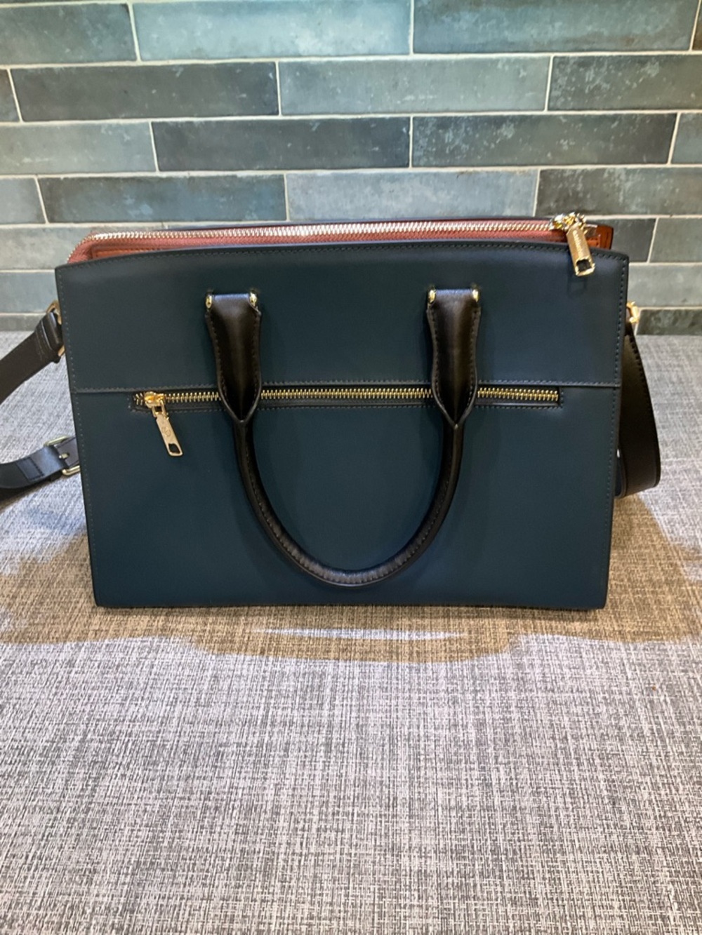 BOSTANTEN Navy and Brown Leather Satchel - Picture 7 of 14